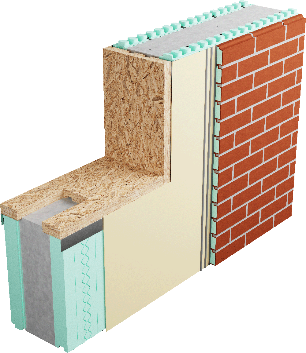 Render of a wall assembly cutaway with a Prebuck wood window buck.