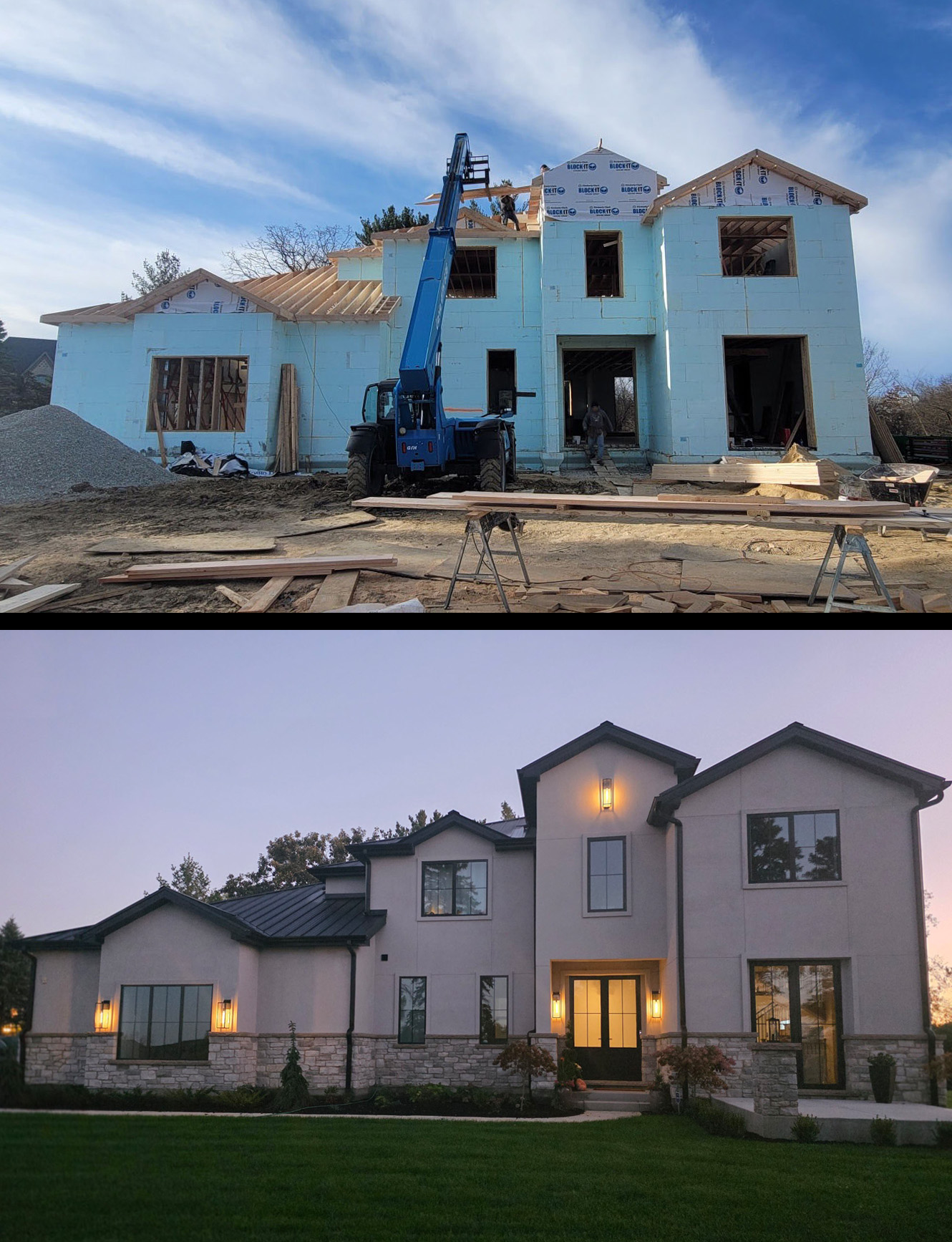 ICF home before and after the exterior finish.